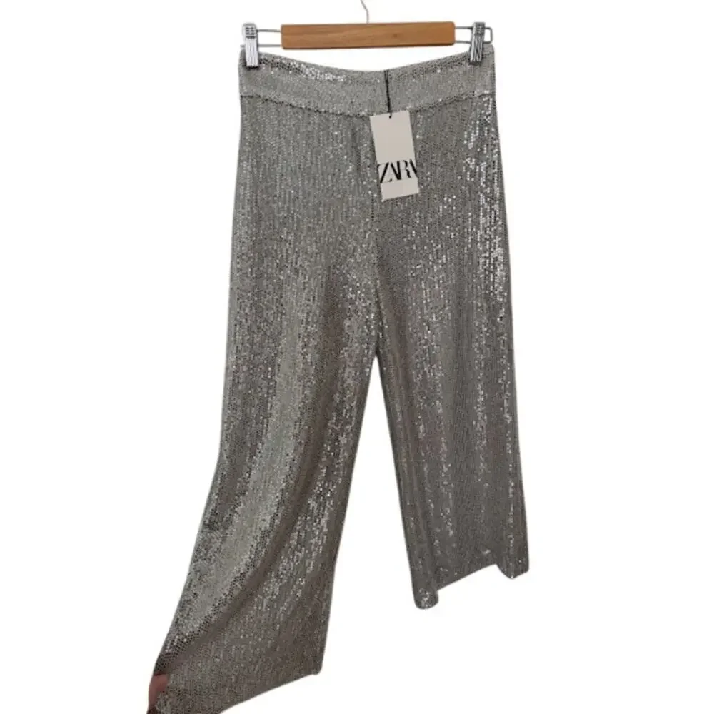 Zara Silver Sequin Cape & High-Rise Culottes Cropped Pants Set NWT- Size S - Picture 8 of 12